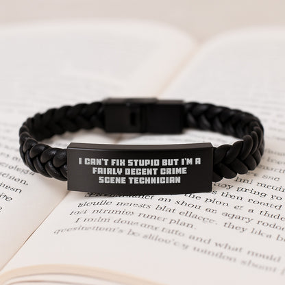 Funny Crime Scene Technician Gifts for Him, Birthday Unique Interlaced Leather Bracelet with Stainless Steel for Men, I Can't Fix Stupid Quotes Jewelry - Image 3