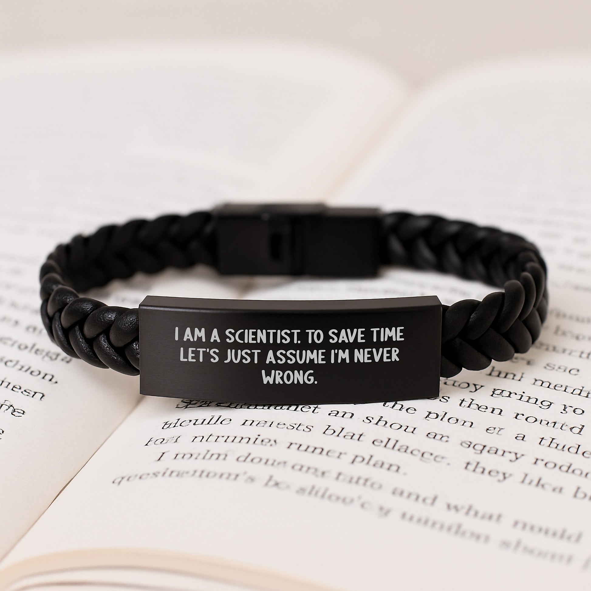 Funny Scientist Gifts for Men, Interlaced Leather Bracelet with Stainless Steel, Perfect for Valentine's, 'I'm Never Wrong' Quote - Image 3