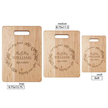 Personalized Wedding Cutting Board – Custom Family Name “Happily Ever After” Design | Handcrafted Maple | Made in the USA