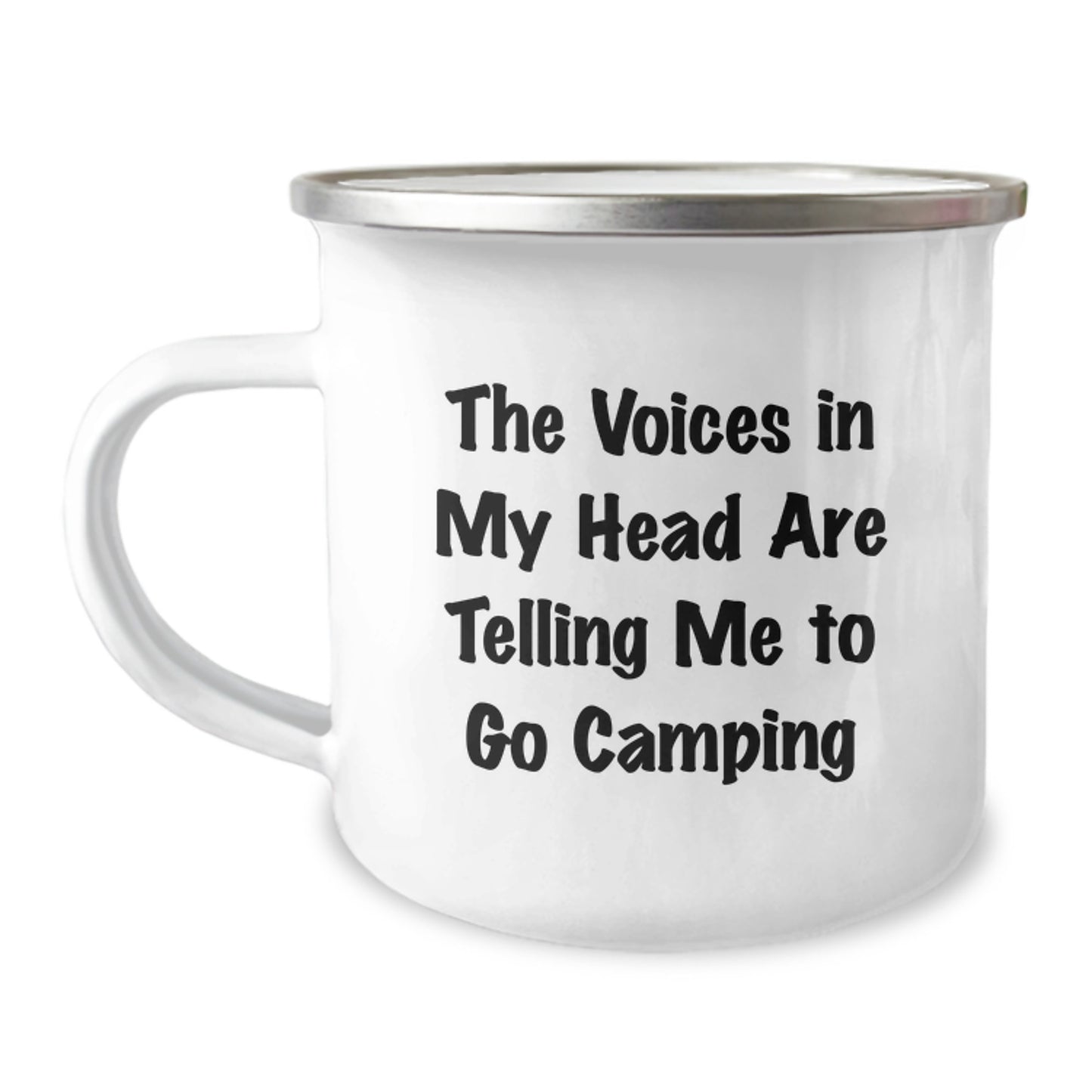 Camping Adventures Funny Mug, Gifts from Friends for Birthday Camping Lovers, 'The Voices In My Head Are Telling Me To Go Camping' Printed Stainless Steel Camping Mug, 12 oz Capacity - Image 1
