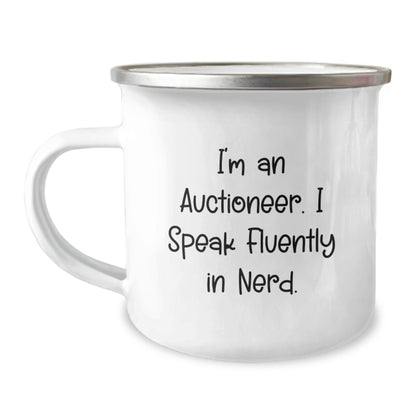 Funny Auctioneer Gifts for Men, Women, Friends, Coworkers, 'I'm An Auctioneer. I Speak Fluently In genius.', 12 oz Stainless Steel Camping Mug for Graduation Unique Gifts from Family - Image 1