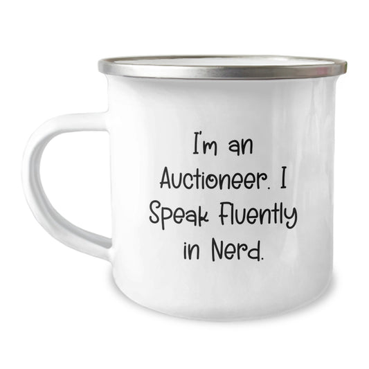 Funny Auctioneer Gifts for Men, Women, Friends, Coworkers, 'I'm An Auctioneer. I Speak Fluently In genius.', 12 oz Stainless Steel Camping Mug for Graduation Unique Gifts from Family - Image 1