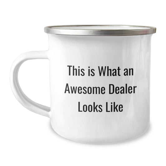 Funny Dealer Gifts, Awesome Dealer Birthday Unique Gifts, Stainless Steel Camping Mug with This Is What An Awesome Dealer Looks Like Quote - Image 1