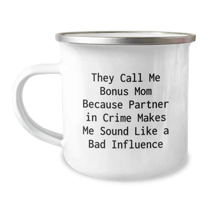 Funny Bonus Mom Gifts for Her, Birthday Unique Presents from Family, 'They Call Me Bonus Mom' Camping Mug - Image 1