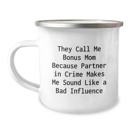 Funny Bonus Mom Gifts for Her, Birthday Unique Presents from Family, 'They Call Me Bonus Mom' Camping Mug - Image 1