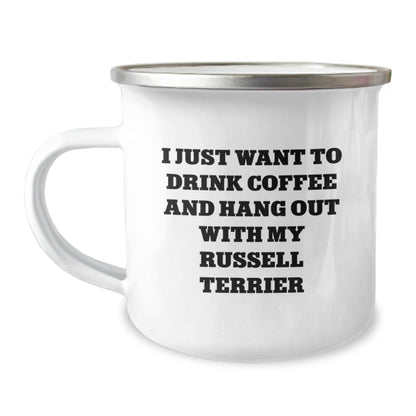 Funny Russell Terrier Dog Lover Gifts from Friends for Birthday - I Just Want To Drink Coffee And Hang Out With My Russell Terrier Camping Mug - Image 1