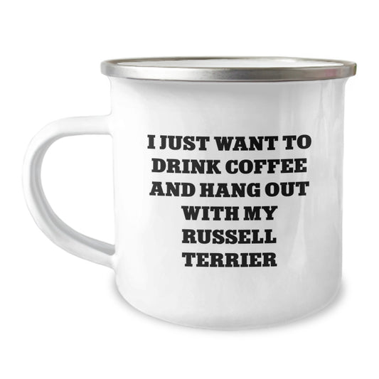 Funny Russell Terrier Dog Lover Gifts from Friends for Birthday - I Just Want To Drink Coffee And Hang Out With My Russell Terrier Camping Mug - Image 1