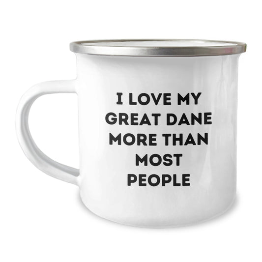 Funny Great Dane Dog Lover Gifts from Friends for Birthday, I Love My Great Dane More Than Most People Camping Mug, 12 oz Stainless Steel Enamel Finish - Image 1