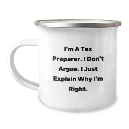 Funny Tax Preparer Gifts from Friends for Birthday - 'I'm Right' Enamel Camping Mug - Image 1