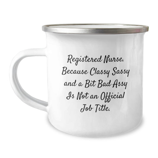 Funny Registered Nurse Gifts for Coworkers, Christmas Unique Presents from Friends, 12 oz Camping Mug with Enamel Finish - Image 1