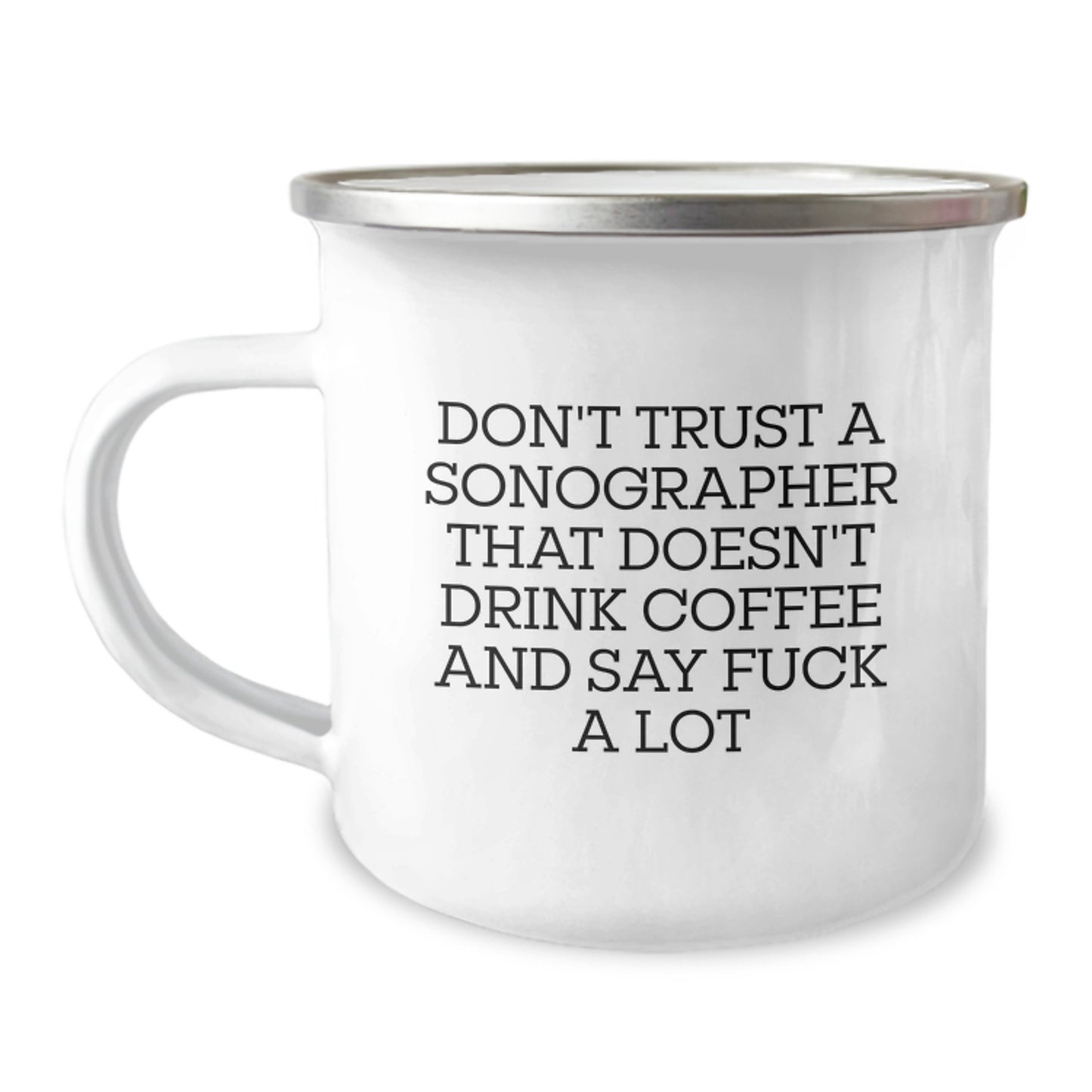 Funny Gifts for Sonographer, Sonographer Camping Mug with Quirky Quote about Coffee and Swearing, Christmas Unique Gifts from Friends to Coworkers - Image 1