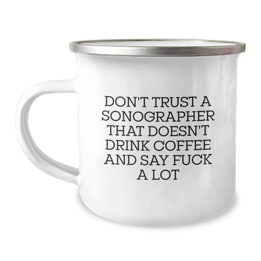 Funny Gifts for Sonographer, Sonographer Camping Mug with Quirky Quote about Coffee and Swearing, Christmas Unique Gifts from Friends to Coworkers - Image 1