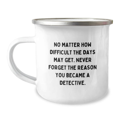 Funny Detective Gifts from Men for Father's Day Unique Camping Mug with Never Forget The Reason You Became A Detective Quote - Image 1
