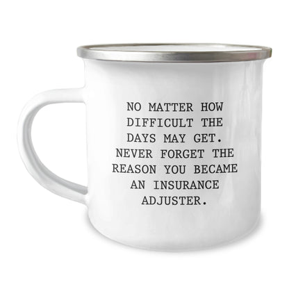 Funny Inspirational Quote for Insurance Adjuster Gifts - 'No Matter How Difficult The Days May Get' Stainless Steel Camping Mug for Men, Women, Friends and Family Birthday Unique Gift Ideas - Image 1