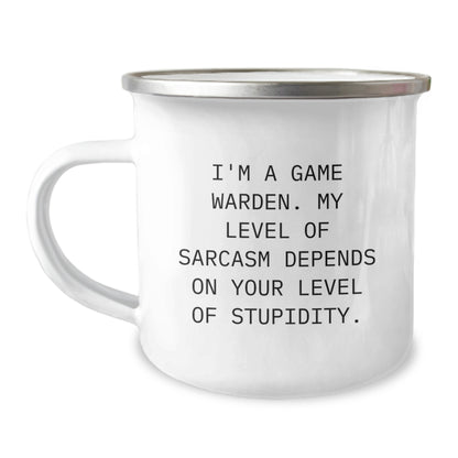 Game Warden Funny Sarcasm Gifts from Friends and Family Members, Birthday Unique Mugs for Camping Enthusiasts, I'm A Game Warden. My Level Of Sarcasm Depends On Your Level Of Stupidity. - Image 1