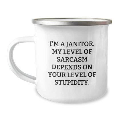 Funny Janitor Gifts for Men Birthday Unique Presents from Friends, Camping Mug with Sarcasm Humor Quote, 12 oz Stainless Steel with Enamel Finish - Image 1