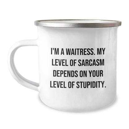 Waitress Gifts from Friends - Funny Sarcasm Mother's Day Camping Mug - I'm A Waitress, My Level Of Sarcasm Depends On Your Level Of Stupidity. - Image 1