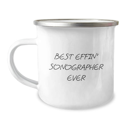 Funny Sonographer Gifts from Friends for Father's Day Unique Camping Mug Best Effin' Sonographer Ever - Enamel Finish - 12 oz Stainless Steel - Image 1