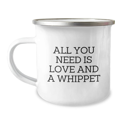 Whippet Dog Lover Gifts from Family and Friends for Graduation Unique Camping Mug - 'All You Need Is Love And A Whippet' Funny Quote - Image 1
