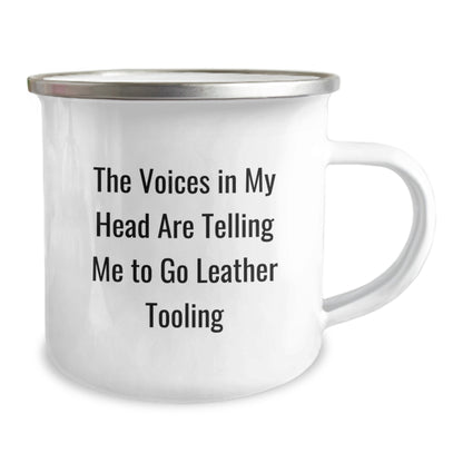 Funny Leather Tooling Gifts for Men, Camping Mug with Quote 'The Voices In My Head Are Telling Me To Go Leather Tooling' for Birthday from Friends, Coworkers, Family - Image 2