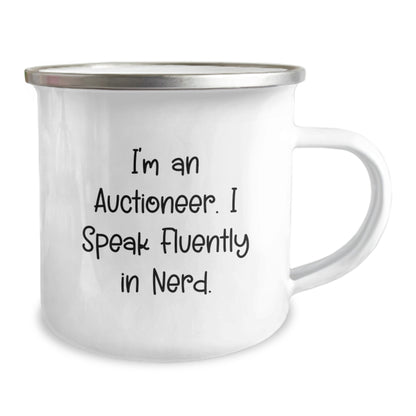 Funny Auctioneer Gifts for Men, Women, Friends, Coworkers, 'I'm An Auctioneer. I Speak Fluently In genius.', 12 oz Stainless Steel Camping Mug for Graduation Unique Gifts from Family - Image 2