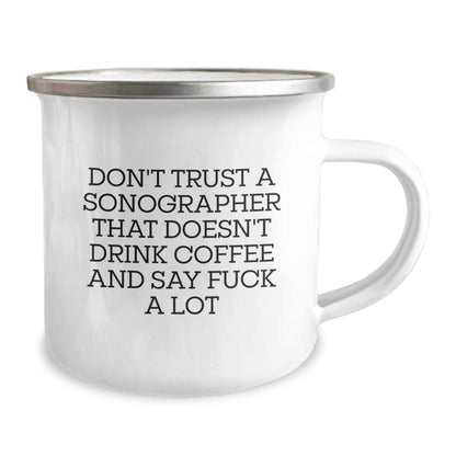 Funny Gifts for Sonographer, Sonographer Camping Mug with Quirky Quote about Coffee and Swearing, Christmas Unique Gifts from Friends to Coworkers - Image 2