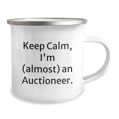 Funny Auctioneer Gifts, Perfect Valentine's Unique Gifts for Men, Keep Calm I'm almost an Auctioneer Enamel Camping Mug - Image 2
