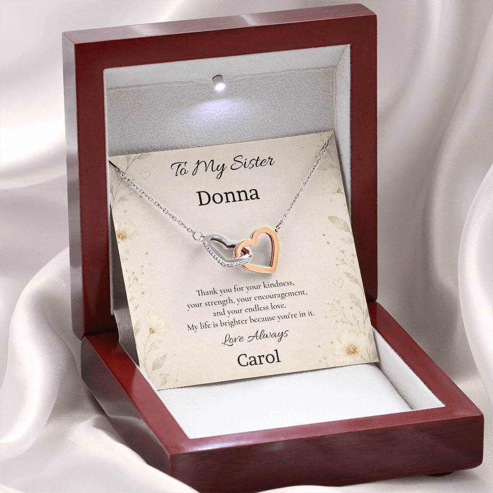 To My Sister Thank You for Your Kindness Interlocking Hearts Necklace