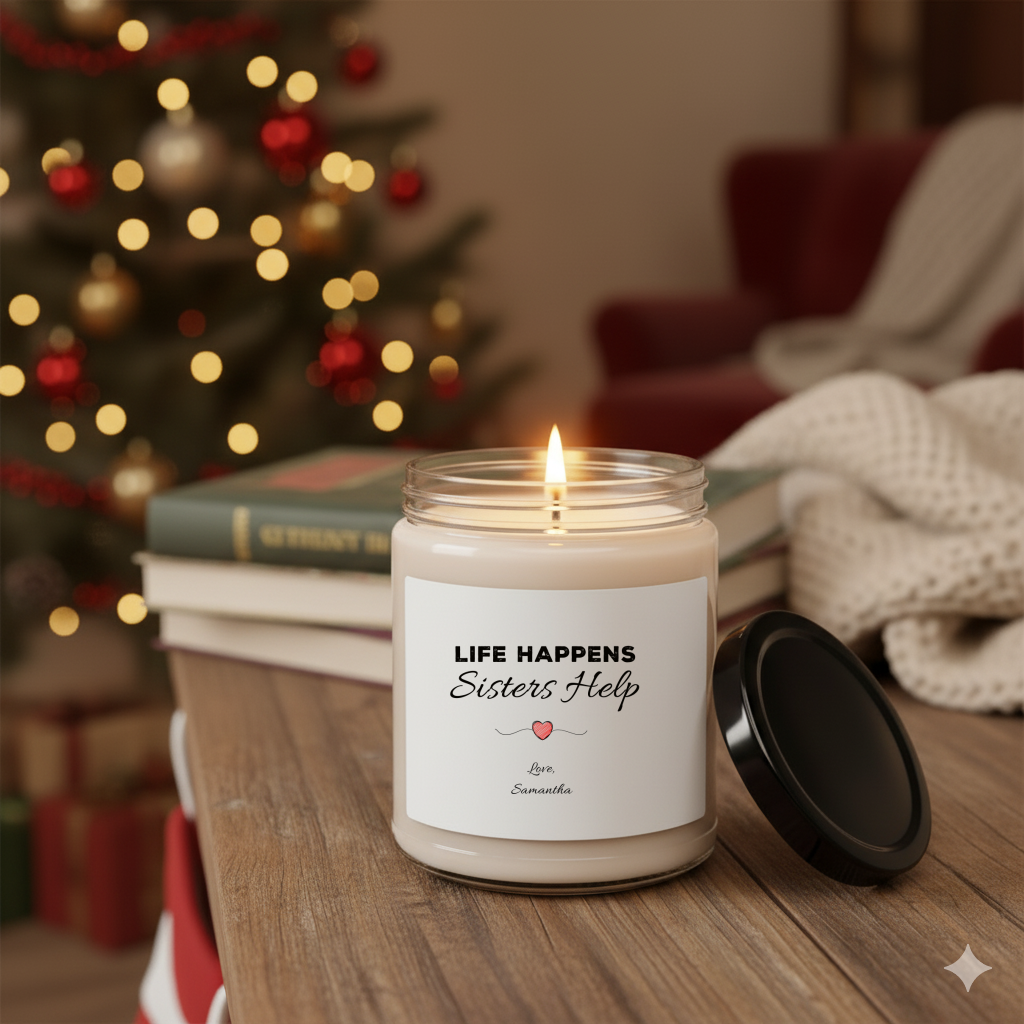 Life Happens, Sisters Help Personalised Sister Candle – 9oz Soy Wax Gift