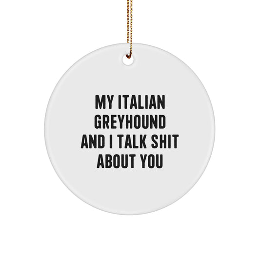 Funny Italian Greyhound Dog Gifts from Friends for Christmas - Circle Ornament with 'My Italian Greyhound And I Talk Shit About You' Quote - Image 1