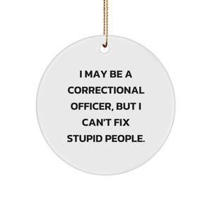 Correctional Officer Gifts from Friends, Inspirational Christmas Circle Ornament with 'I May Be A Correctional Officer, But I Can't Fix Stupid People.' Quote, Unique Men's or Women's Present - Image 1