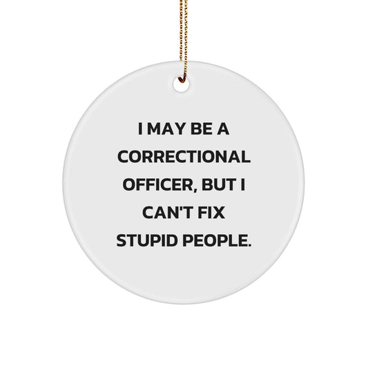Correctional Officer Gifts from Friends, Inspirational Christmas Circle Ornament with 'I May Be A Correctional Officer, But I Can't Fix Stupid People.' Quote, Unique Men's or Women's Present - Image 1