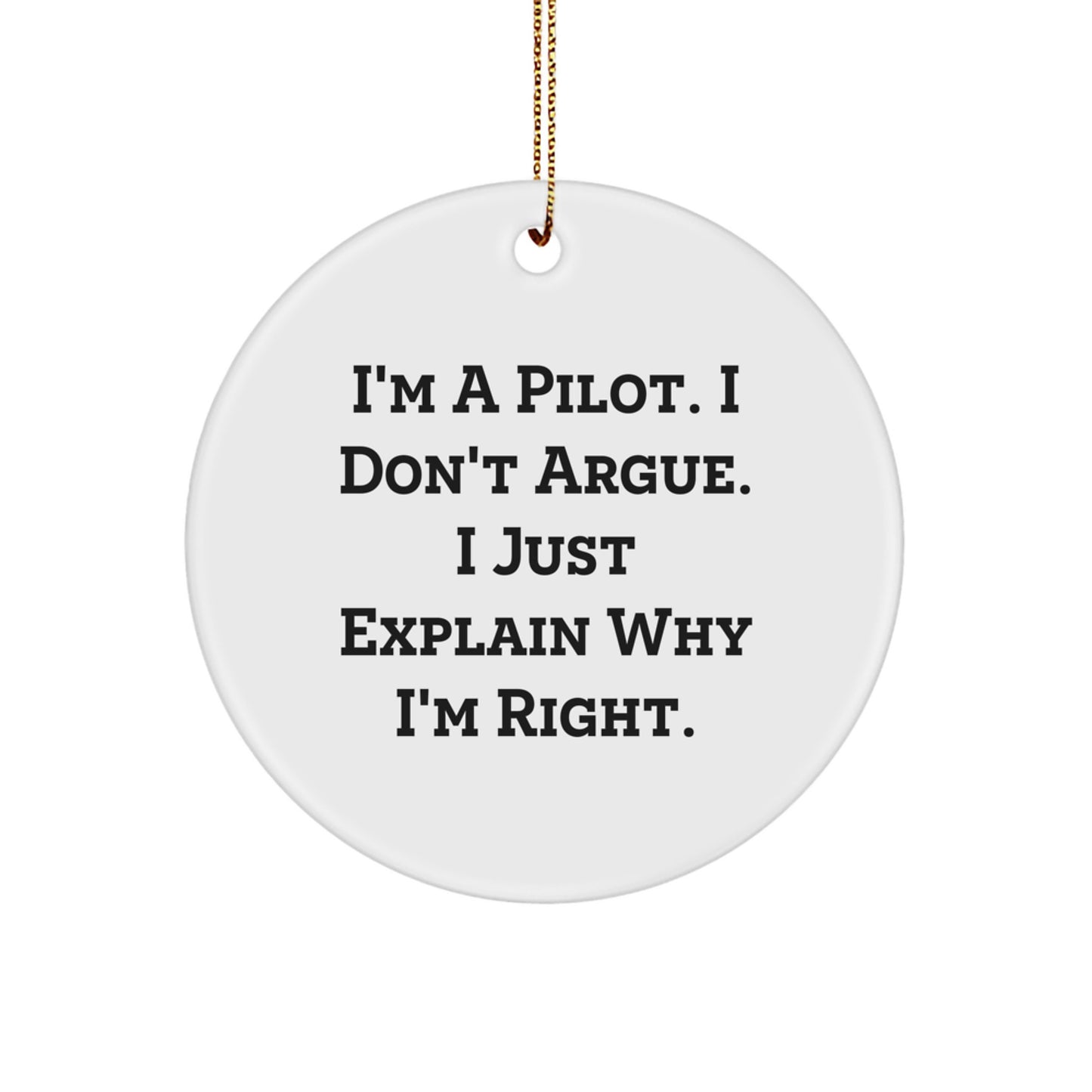 Pilot Gifts Christmas Circle Ornament Funny Quote 'I Don't Argue I Just Explain Why I'm Right' Gifts from Family to Pilot Friends - Image 1