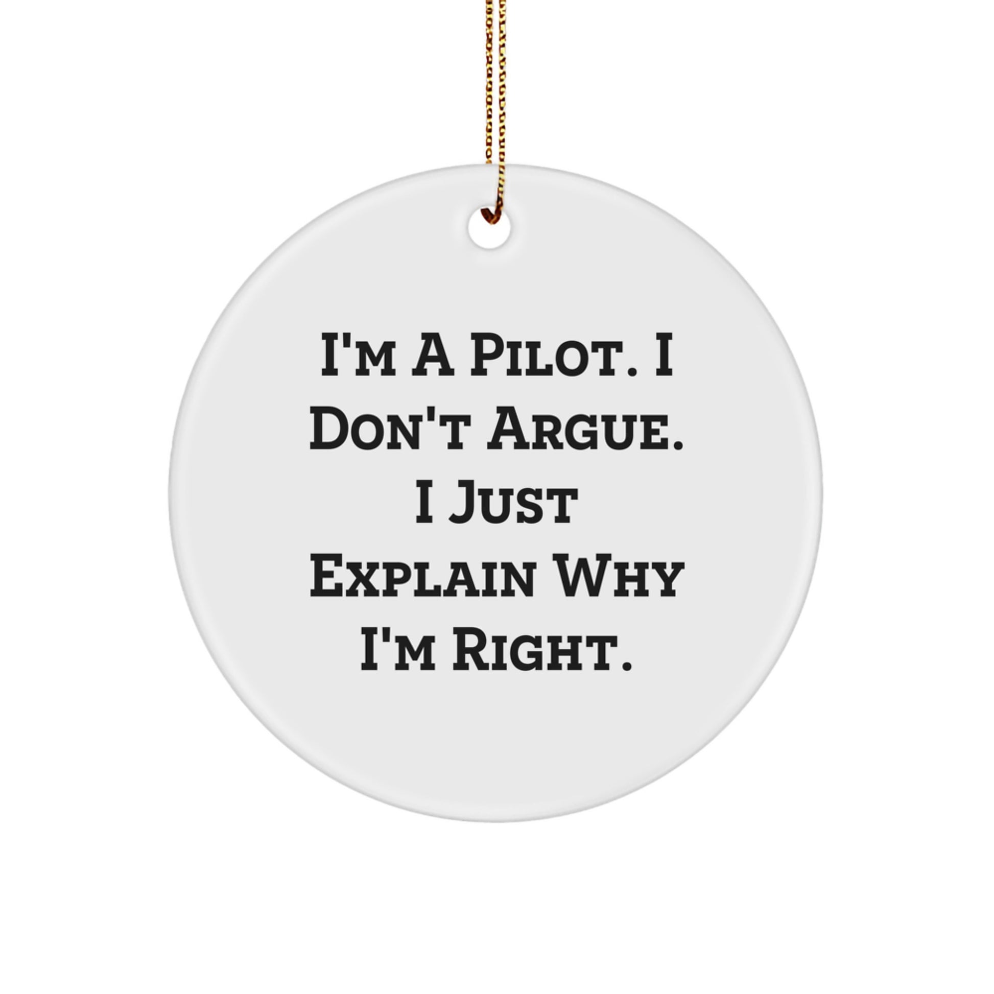Pilot Gifts Christmas Circle Ornament Funny Quote 'I Don't Argue I Just Explain Why I'm Right' Gifts from Family to Pilot Friends - Image 1