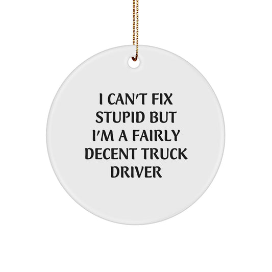 Funny Truck Driver Gifts for Him, I Can't Fix Stupid But I'm A Fairly Decent Truck Driver Christmas Ornament - Image 1