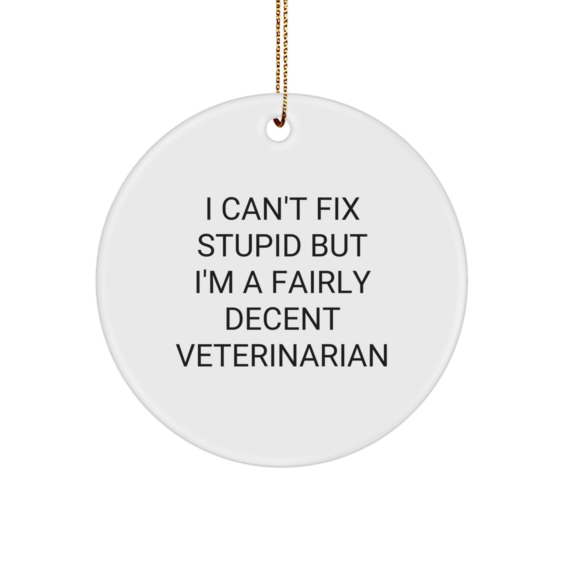 Funny Veterinarian Christmas Unique Gifts from Friends for Veterinarian Circle Ornament, 'I Can't Fix Stupid But I'm A Fairly Decent Veterinarian' - Image 1