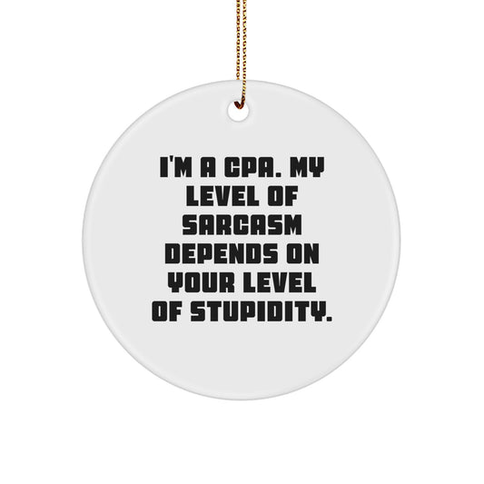 Funny CPA Gifts for Men from Friends, 'I'm A Cpa. My Level Of Sarcasm Depends On Your Level Of Stupidity.' Circle Ornament, Perfect for Christmas - Image 1