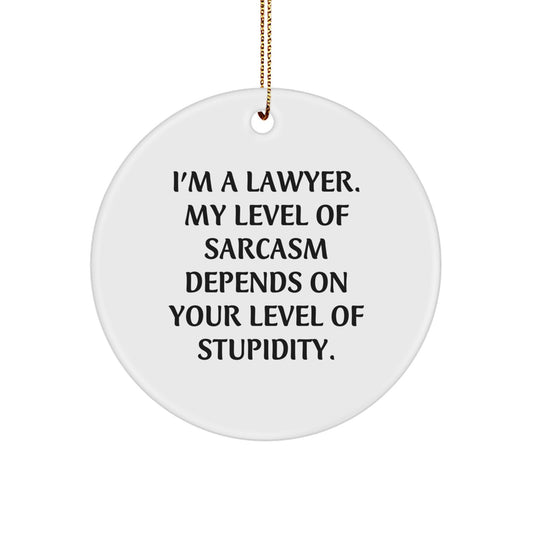 Funny Lawyer Gifts for Men, Christmas Unique Ornaments for Lawyer, 'I'm A Lawyer. My Level Of Sarcasm Depends On Your Level Of Stupidity.' Circle Ornament - Image 1