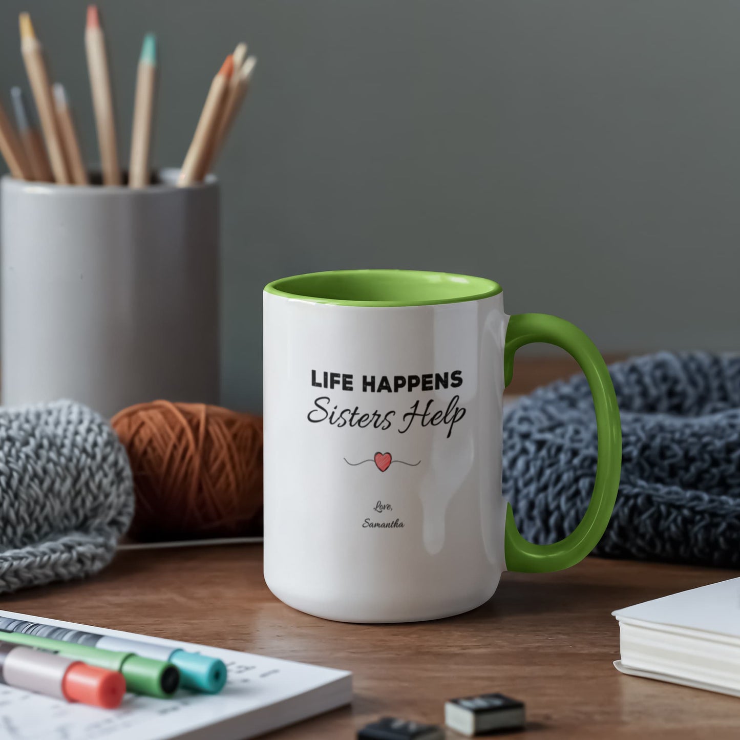 Life Happens, Sisters Help Personalized Sister Mug – Two-Tone Ceramic Coffee Mug (11oz/15oz)