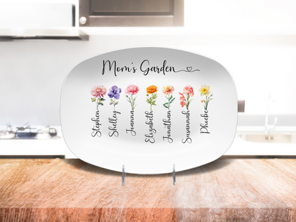 MD102 Mom’s Garden Birth Flower Platter – Personalized Gift with Children’s Names – Custom Birth Month Flower Keepsake for Mom – Mother’s Day Gift