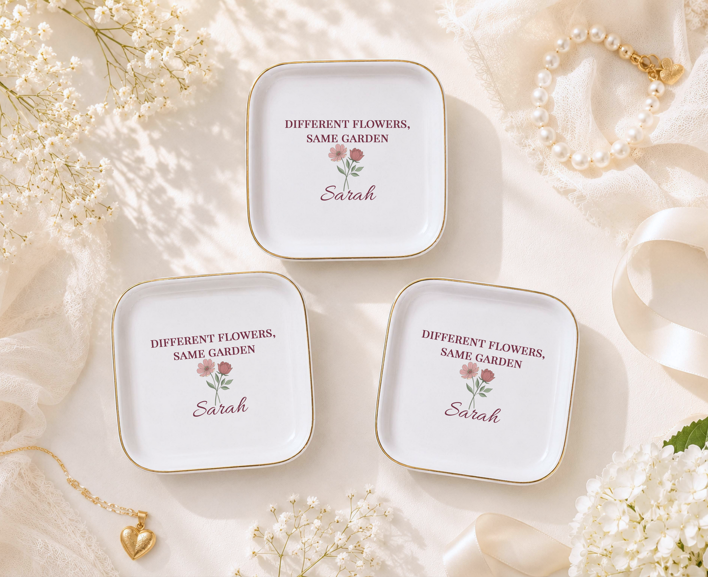 JD-002 Personalized Sister Jewelry Dish, Different Flowers Same Garden Gift, Custom Name Trinket Dish, Sister Birthday Gift