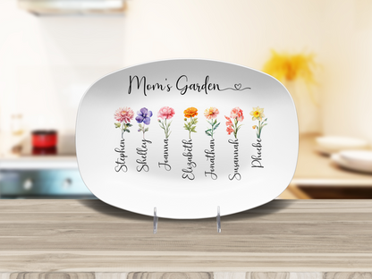 MD102 Mom’s Garden Birth Flower Platter – Personalized Gift with Children’s Names – Custom Birth Month Flower Keepsake for Mom – Mother’s Day Gift