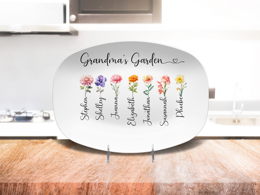 Personalized Grandma’s Garden Birth Flower Platter – Custom Kids Names Plate – Gift for Grandma from Grandchildren – Mother’s Day or Grandparents Day Gift