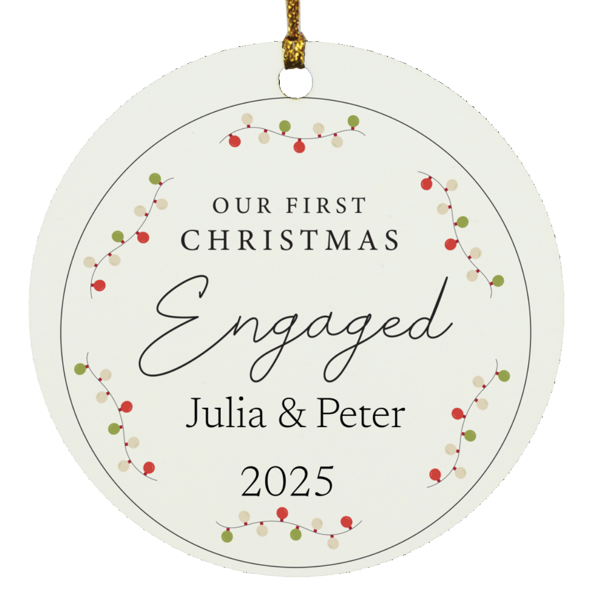Our First Christmas Engaged Personalized Ornament – Custom Names (Acrylic or Ceramic)