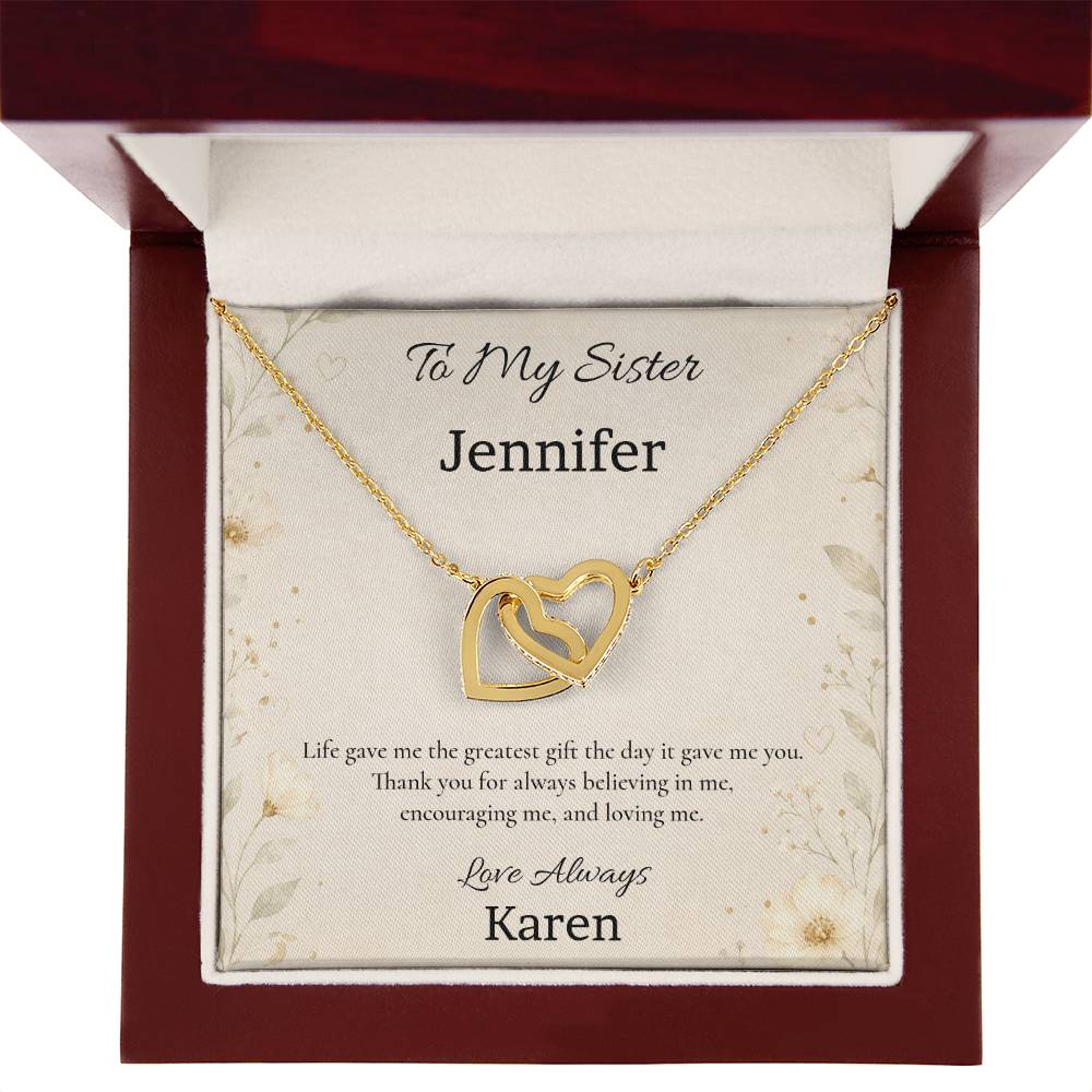 To My Sister – Thank You for Believing in Me Interlocking Hearts Necklace