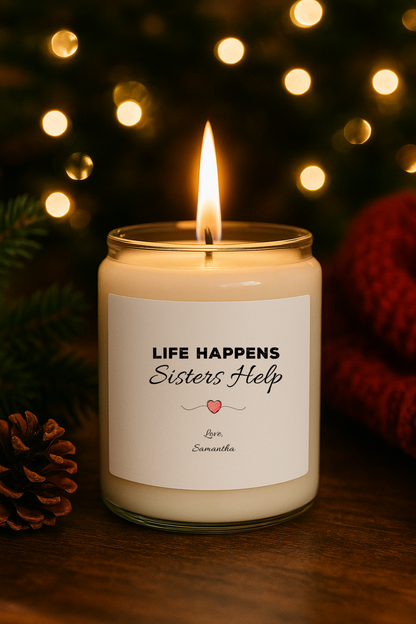 Life Happens, Sisters Help Personalised Sister Candle – 9oz Soy Wax Gift