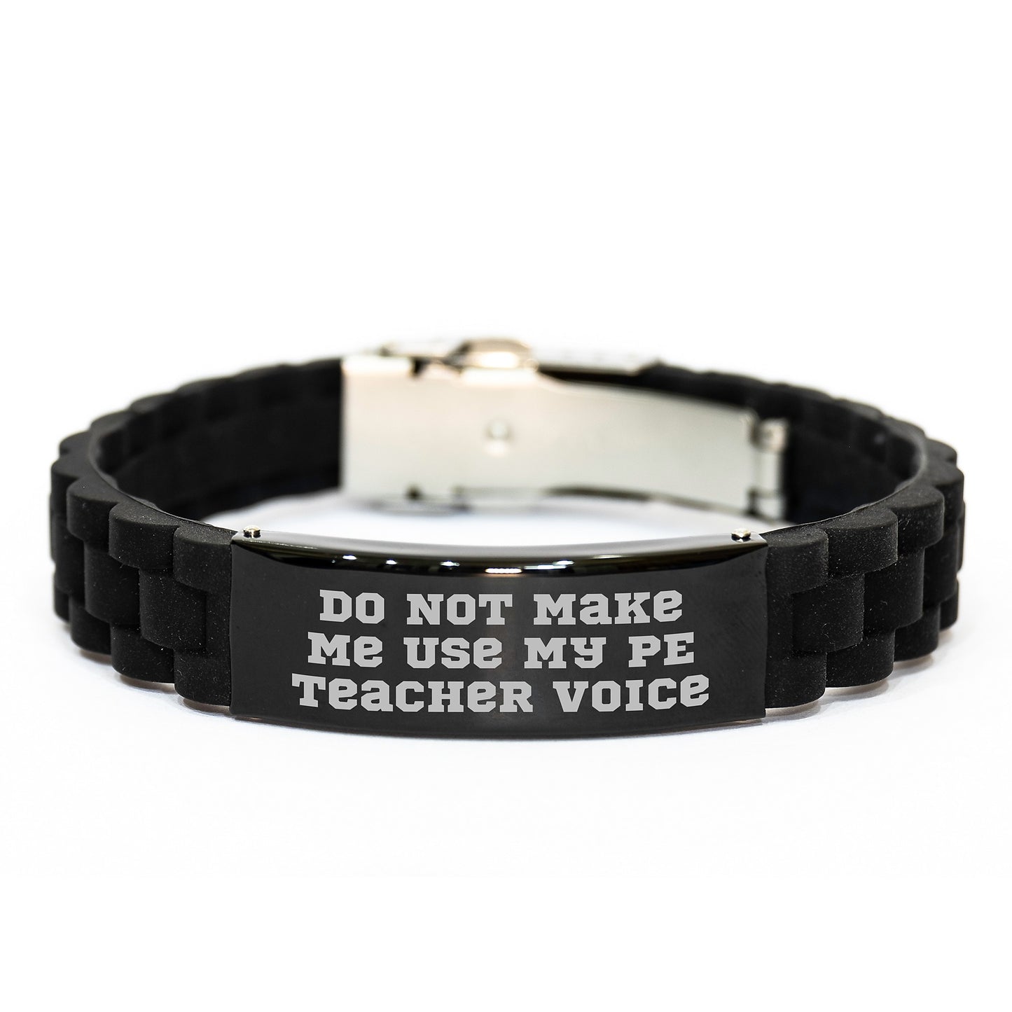 PE Teacher Gifts, Funny Quote 'Do Not Make Me Use My Pe Teacher Voice' Glide lock Clasp Bracelet for Men or Women, Adjustable Black Gift from Friends or Family for Graduation - Image 1