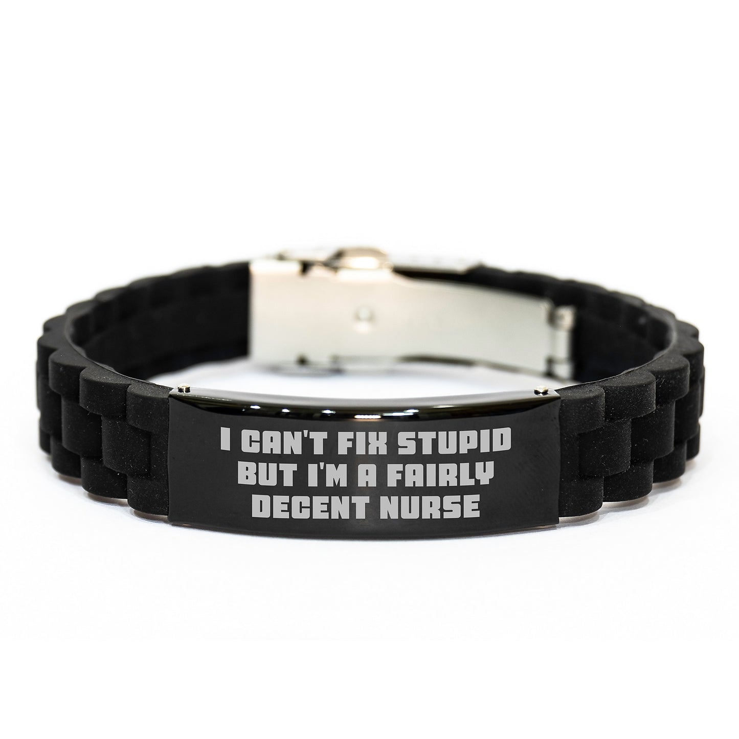 Funny Nurse Gifts from Men, Women, Friends, or Coworkers for Nurses on Birthday - Inspirational Glide lock Clasp Bracelet with I Cant Fix Stupid Quote, Black Stainless Steel, Silver, Silicone - Image 1