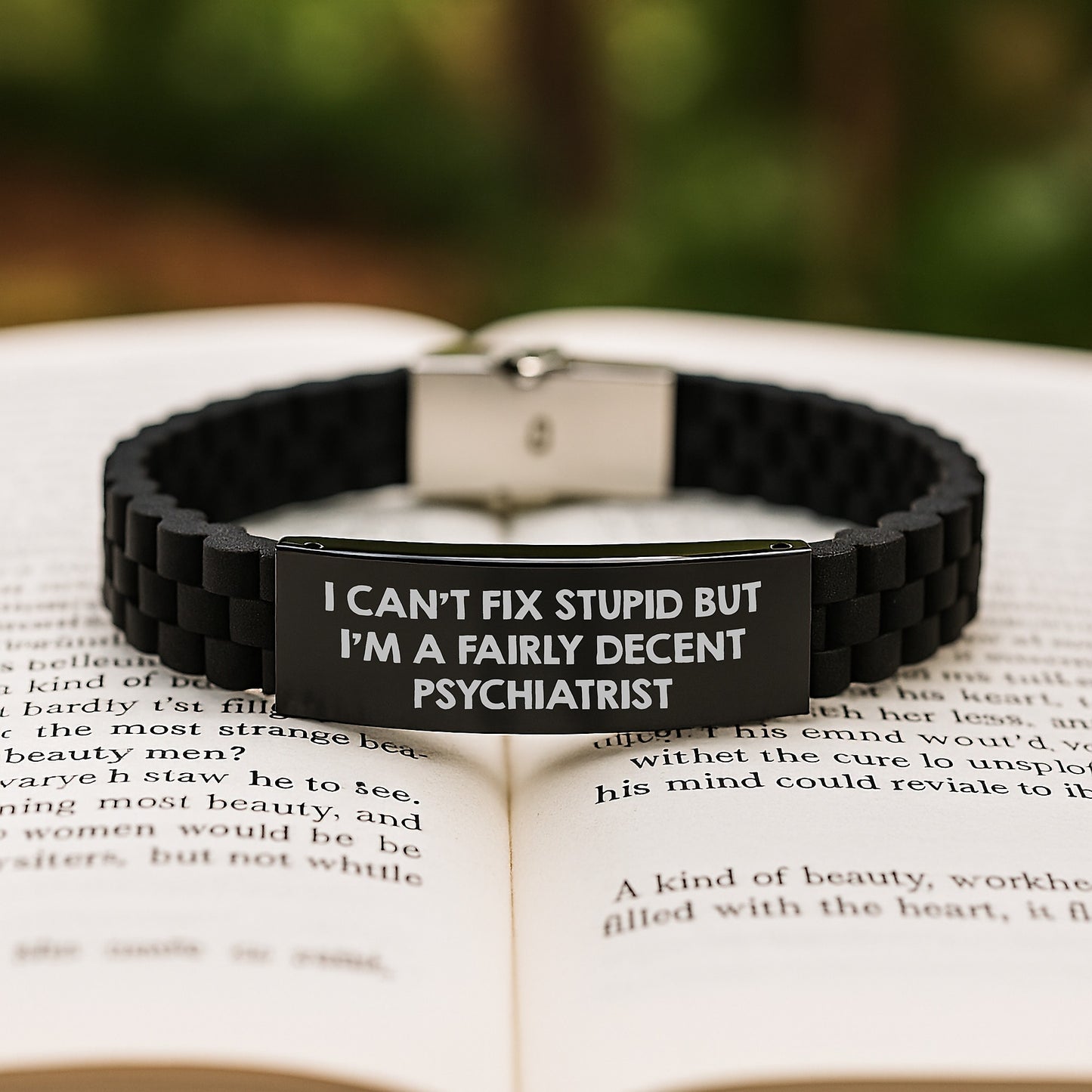 Funny Psychiatrist Gifts for Men, Birthday Unique Wishes from Friends, Glide lock Clasp Bracelet with I Can't Fix Stupid Quote, Silver Black Stainless Steel Silicone - Image 2