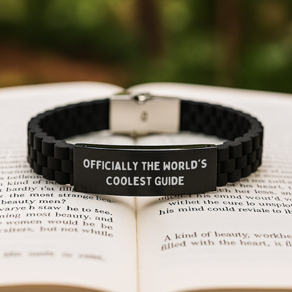 Funny Guide Gifts from Men for Graduation Unique Glide lock Clasp Bracelets, 'The World's Coolest Guide' Engraved, Adjustable Black Stainless Steel and Silicone - Image 2